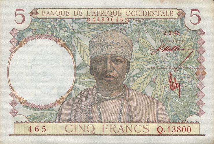 Franz. Westafrika / French West Africa P.26 5 Francs 1943 (1/1-) 