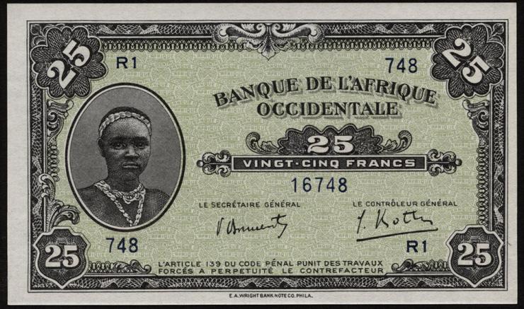 Franz. Westafrika / French West Africa P.30a 25 Francs 1942 (1) 