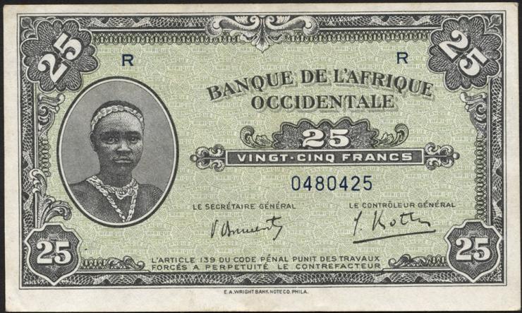 Franz. Westafrika / French West Africa P.30a 25 Francs 1942 (3+) 