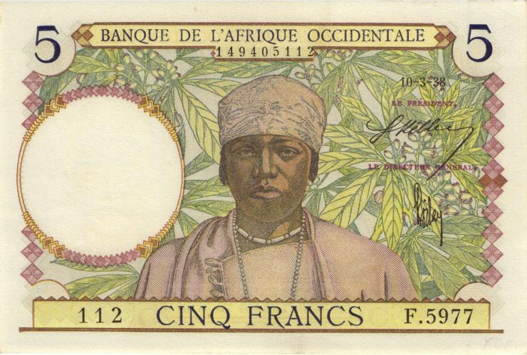 Franz. Westafrika / French West Africa P.21 5 Francs 1938 (1/1-) 