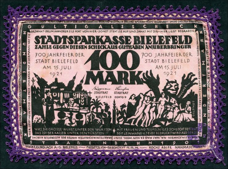 Bielefeld GP.22cd 100 Mark 1921 rosa Seide (1-) Spitze N0.2 