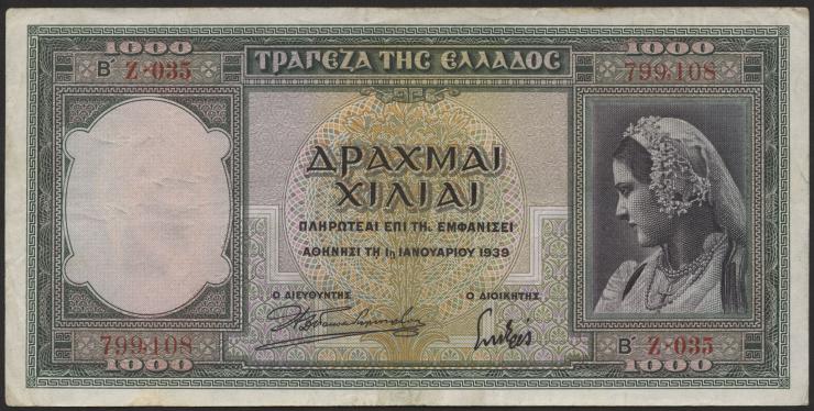 Griechenland / Greece P.110 1000 Drachmen 1939 (3) 