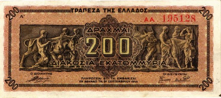Griechenland / Greece P.131a 200 Mio. Drachmen 1944 (3) 