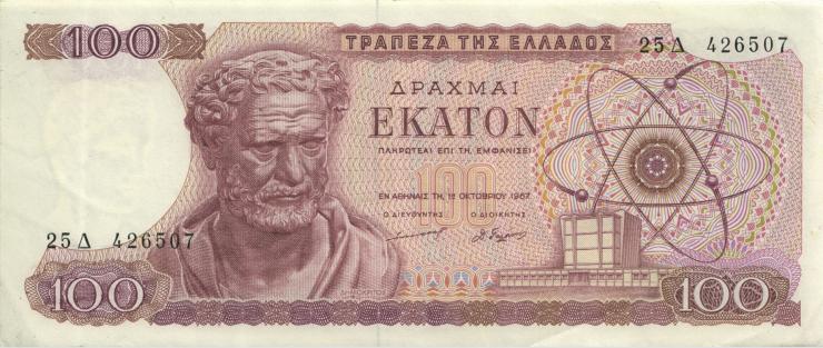 Griechenland / Greece P.196b 100 Drachmen 1967 (1-) 