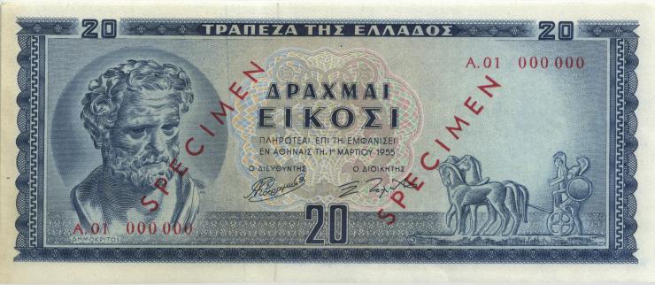 Griechenland / Greece P.190s 20 Drachmen 1955 (1-) Specimen 