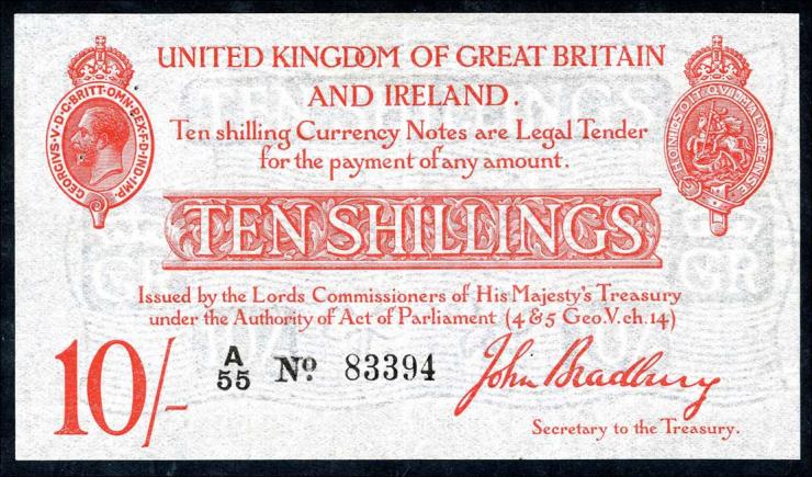 Großbritannien / Great Britain P.348 10 Shillings (1915) Bradbury Treasury Note (2) 