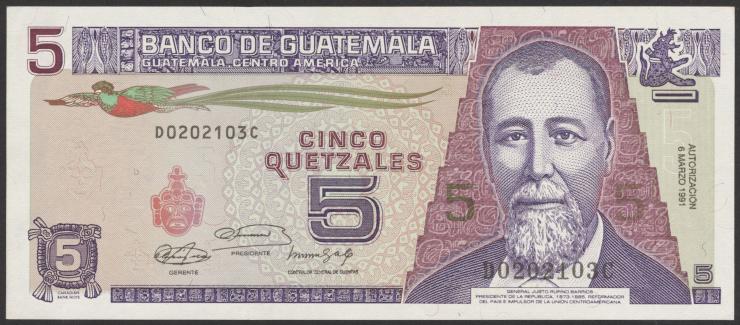 Guatemala P.074b 5 Quetzales 1991 (1) 