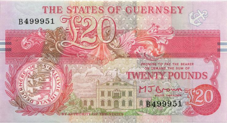 Guernsey P.55a 20 Pound (1991-95) B 499951 (1) 