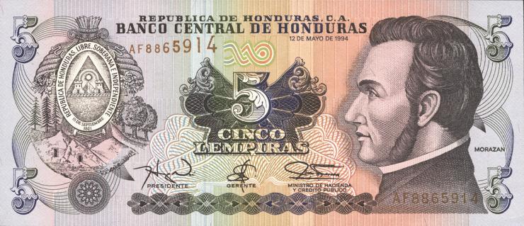 Honduras P.063d 5 Lempiras 1994 (1) 