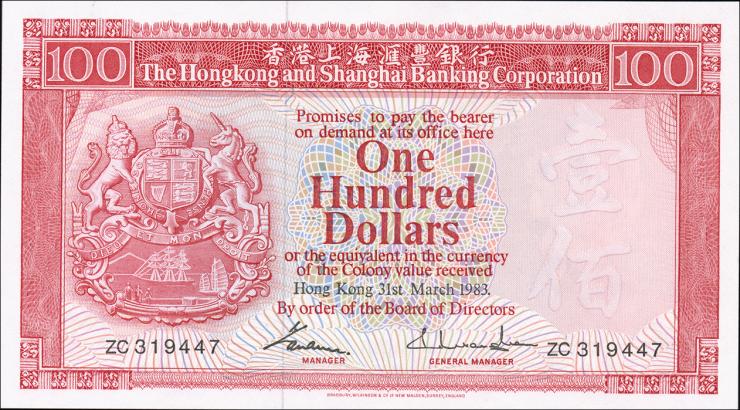 Hongkong P.187d 100 Dollars 1983 (1) 