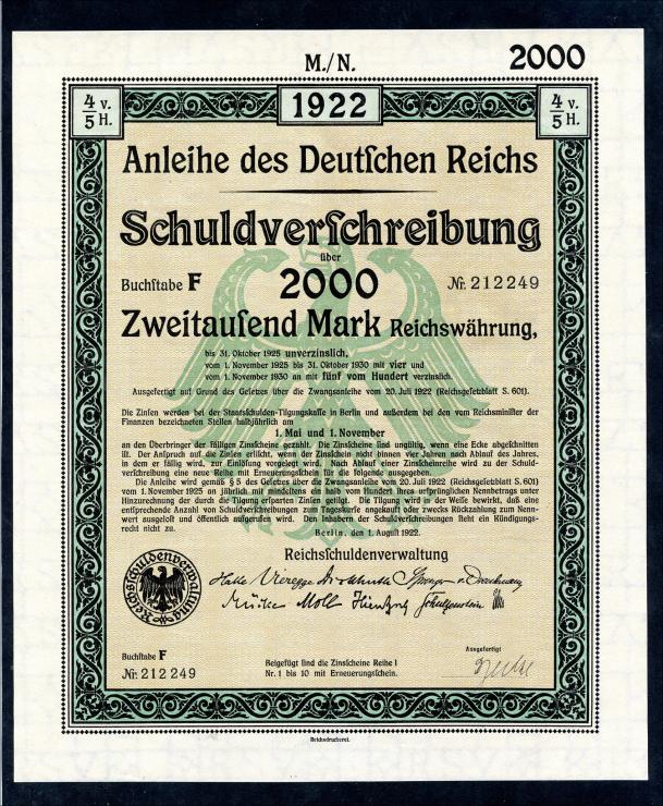 Anleihe des Deutschen Reiches 2000 Mark 1922 (1-) 