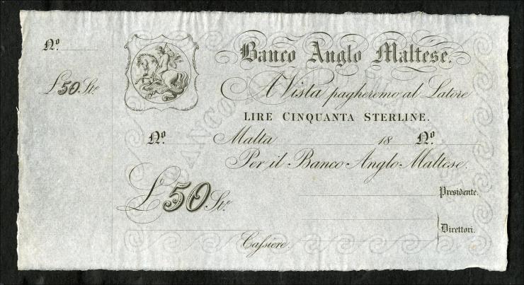 Malta Banco Anglo Maltese P.S116 50 Pounds 18xx (1) 