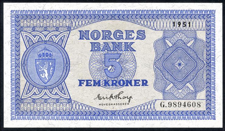 Norwegen / Norway P.25c 5 Kroner 1951 (1) 