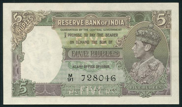 Indien / India P.018b 5 Rupien (1943) (1/1-) 