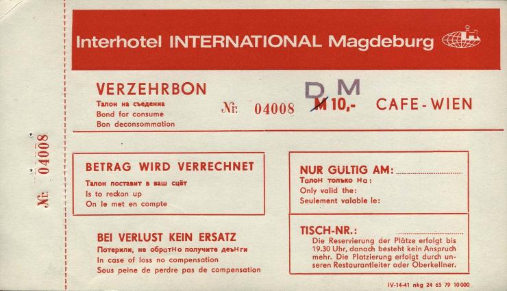 Interhotel International Magdeburg Verzehrbon 10 DM (1) 