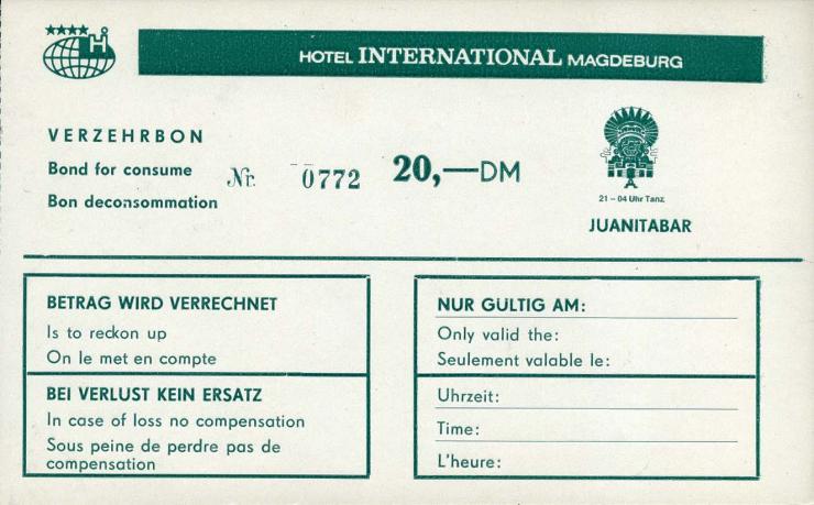 Hotel International Magdeburg Verzehrbon 20 DM (1) 