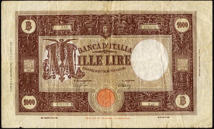 Italien / Italy P.072a 1000 Lire 1943 (3-) 