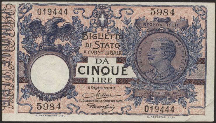 Italien / Italy P.023f 5 Lire 1904 (1923) (3/2) 