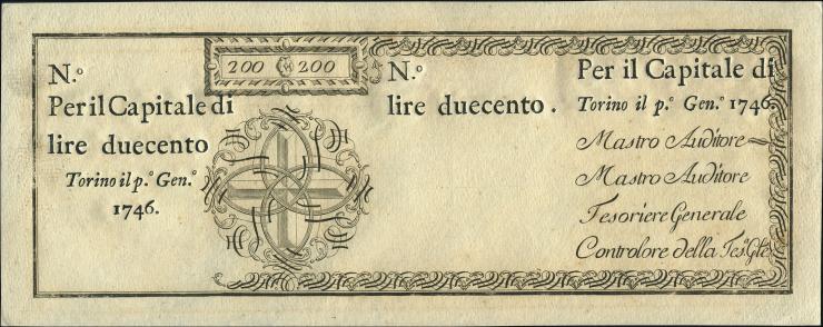 Italien / Italy P.S102r 200 Lire 1746 Königreich Sardinien (1) 