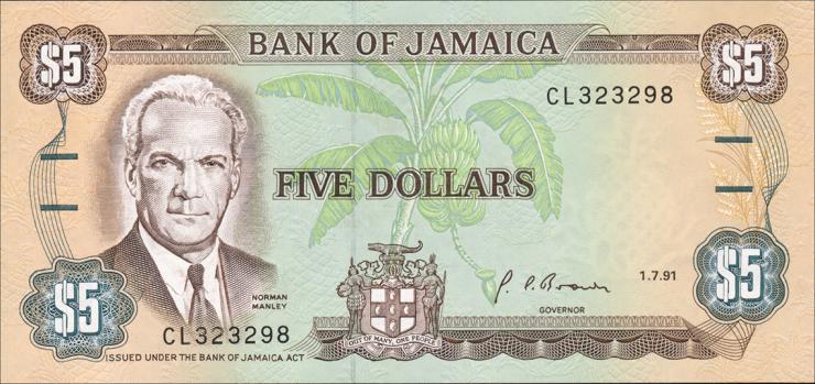 Jamaika / Jamaica P.070d 5 Dollars 1991 (1) 