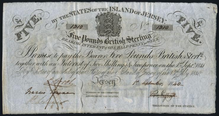 Jersey P. A1b 5 Pounds 1840 (2-) 