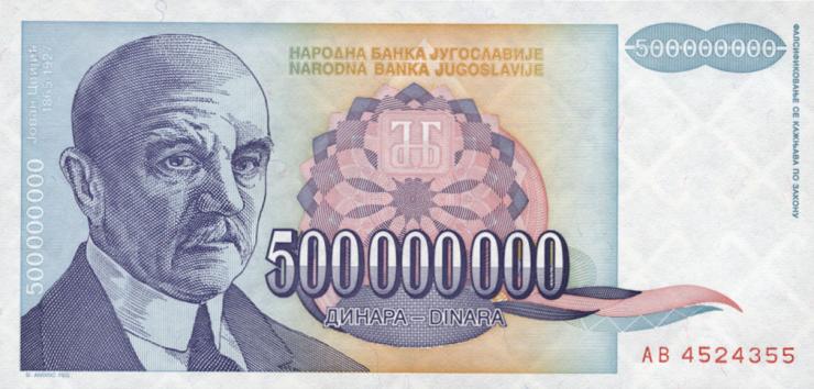 Jugoslawien / Yugoslavia P.134 500.000.000 Dinara 1993 (1) 