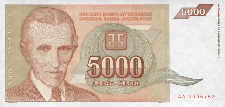 Jugoslawien / Yugoslavia P.128 5.000 Dinara 1993 (2) 