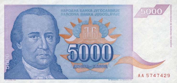 Jugoslawien / Yugoslavia P.141 5000 Dinara 1994 (2) 