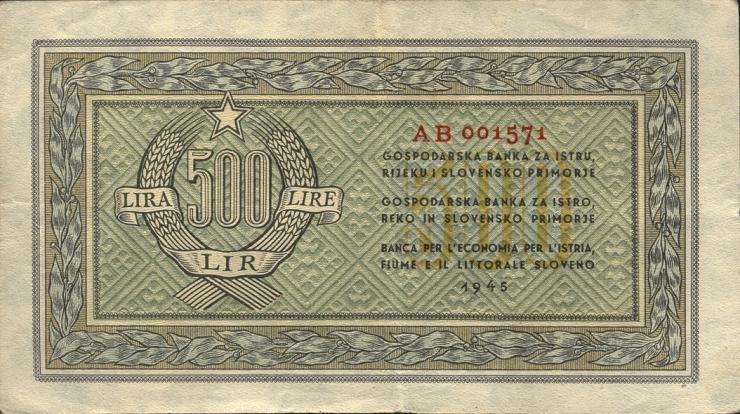 Jugoslawien / Yugoslavia P.R07 500 Lire 1945 (3+) 