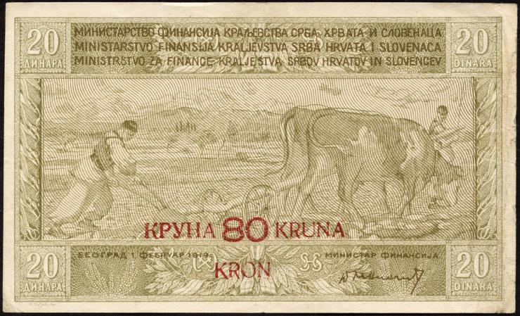 Jugoslawien / Yugoslavia P.018 80 Kronen auf 20 Dinara (1919) (3+) 