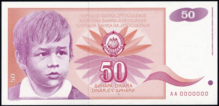 Jugoslawien / Yugoslavia P.107B 50 Dinara 1991 AA 0000000 (1) 