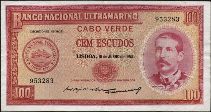 Kap Verde / Cape Verde P.49 100 Escudos 1958 (3+) 