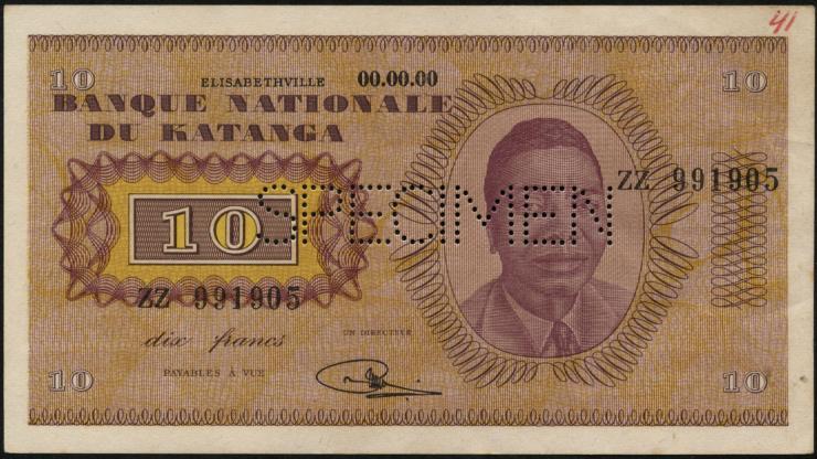 Katanga P.05s 10 Francs 1960 Specimen (1-) 