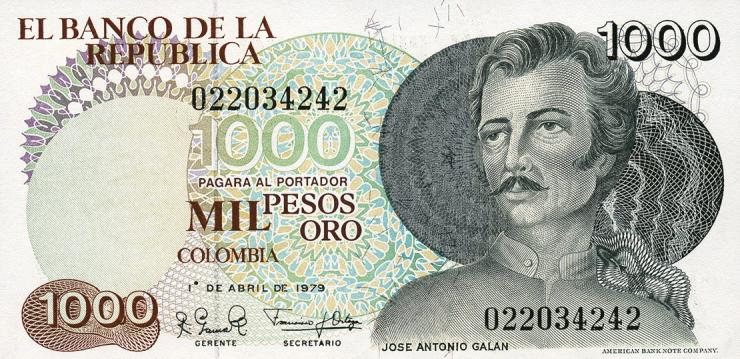 Kolumbien / Colombia P.421a 1000 Pesos Oro 1979 (1) 
