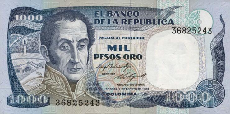Kolumbien / Colombia P.424b 1000 Pesos Oro 1984 (1) 