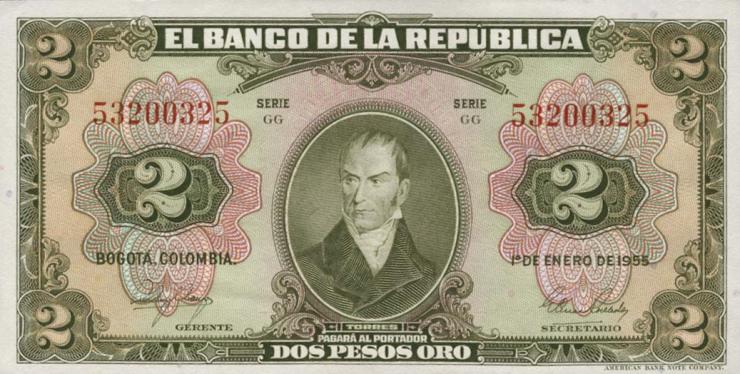 Kolumbien / Colombia P.390d 2 Pesos Oro 1955 (1) 