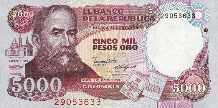 Kolumbien / Colombia P.435a 5000 Pesos 1987 (1) 