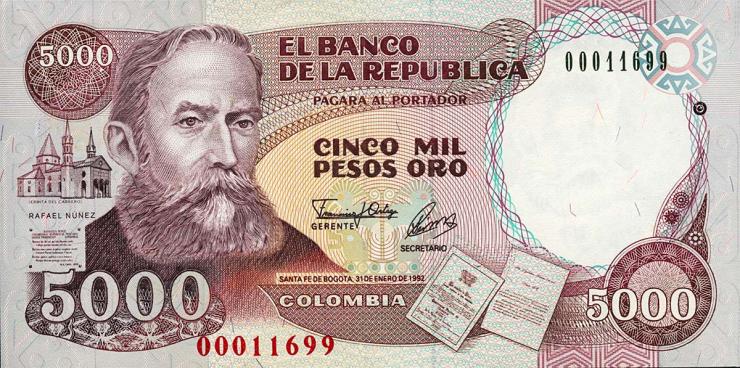 Kolumbien / Colombia P.436A 5000 Pesos Oro 1992 (1) 
