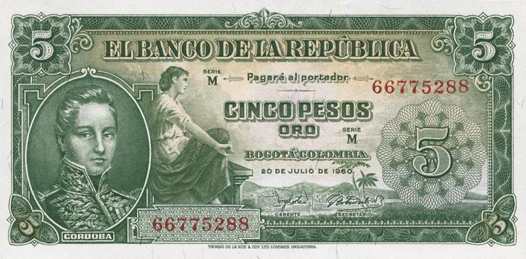 Kolumbien / Colombia P.405 5 Pesos Oro 1960 (1) 