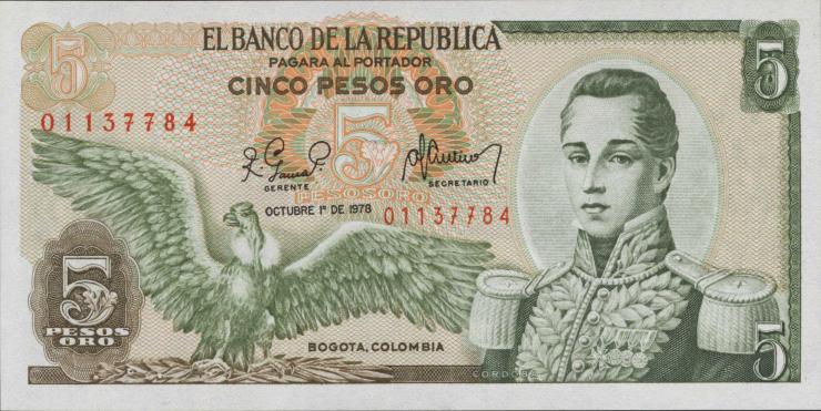 Kolumbien / Colombia P.406f 5 Pesos Oro 1978 (1/1-) 