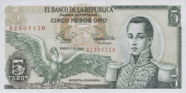 Kolumbien / Colombia P.406f 5 Pesos Oro 1980 (1) 