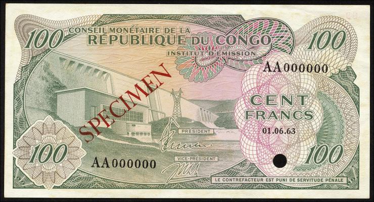 Kongo / Congo P.001s 100 Francs 1.6.1963 Specimen (1/1-) 