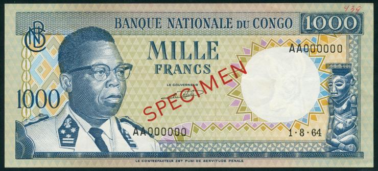 Kongo / Congo P.008s 1000 Francs 1.8.1964 Specimen (1) 