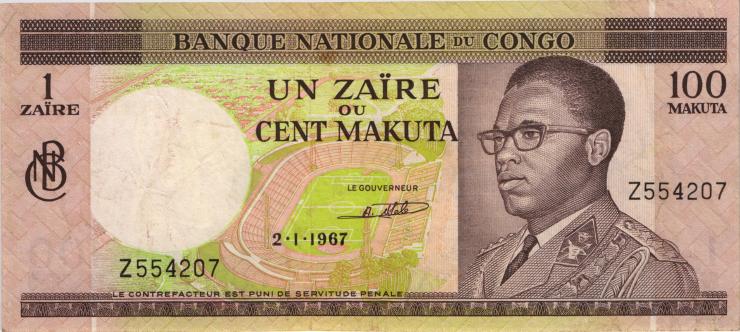 Kongo / Congo P.012a 1 Zaire = 100 Makuta 1967 (3) 