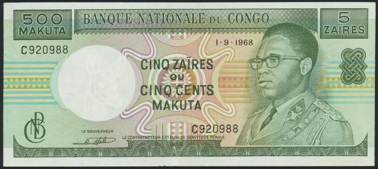 Kongo / Congo P.013b 5 Zaires = 500 Makuta 1.9.1968 (2) 