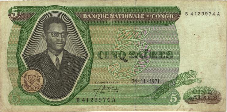 Kongo / Congo P.014a 5 Zaires 1971 (3-) 