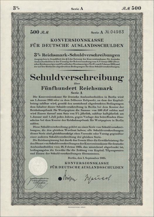 Konversionskasse für deutsche Auslandsschulden 500 Reichsmark 