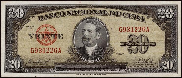 Kuba / Cuba P.080b 20 Pesos 1958 (3) 