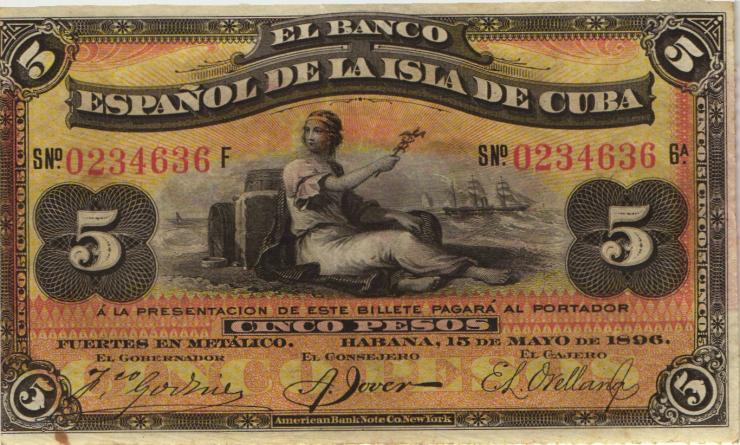 Kuba / Cuba P.048b 5 Pesos 1896 (2) 