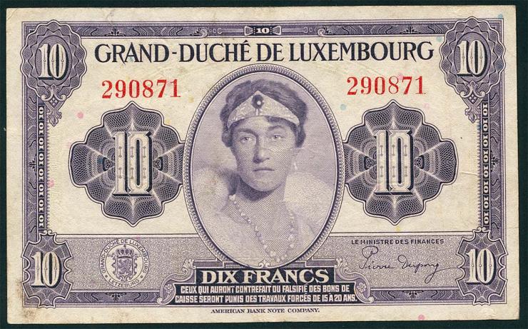 Luxemburg / Luxembourg P.44a 10 Francs (1944) (3+) 